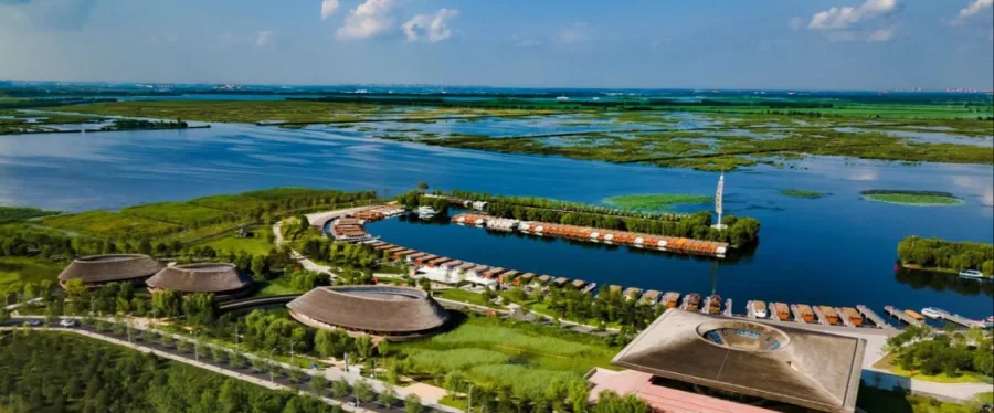 Baiyangdian Lake main scenic pier and wetland view in Xiongan