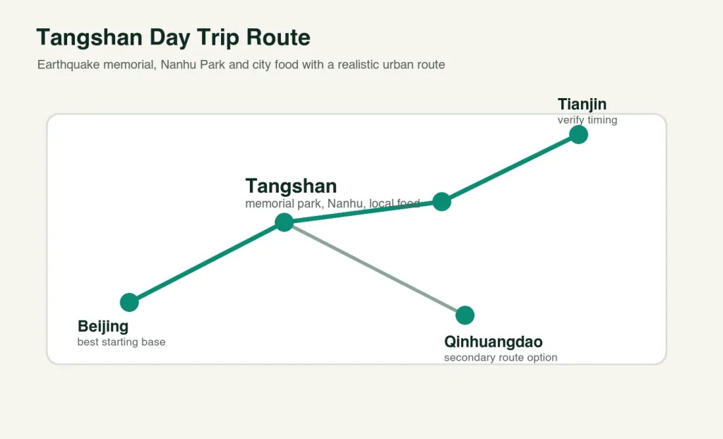 Tangshan day trip route map for earthquake memorial Nanhu Park and city food