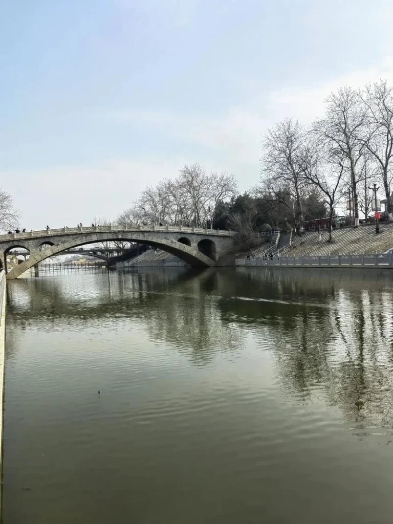 Riverside view of Zhaozhou Bridge and Xiaohe River in Zhaoxian