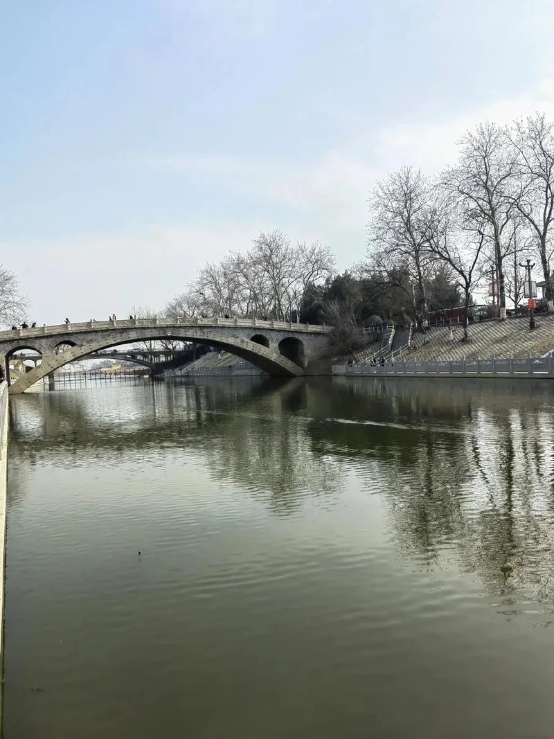 Riverside view of Zhaozhou Bridge and Xiaohe River in Zhaoxian