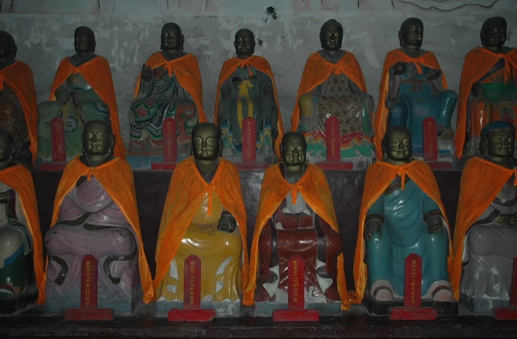 Luohan hall statues inside Baodu Zhai scenic area