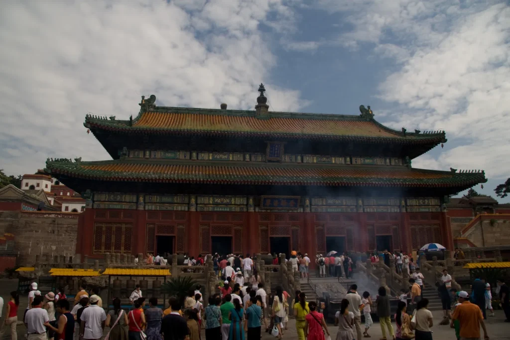 Puning Temple main hall with visitors in Chengde Hebei