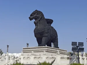 Cangzhou Iron Lion standing on its display platform in Hebei