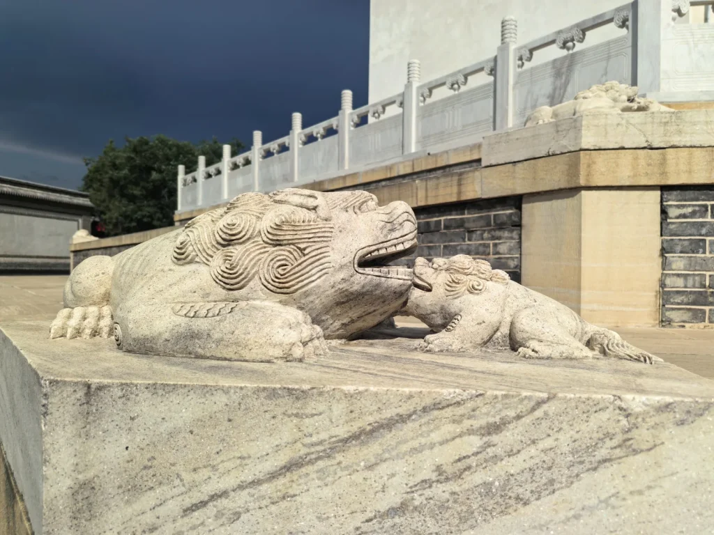 Stone lion sculpture near Kaiyuan Temple Pagoda in Dingzhou Hebei