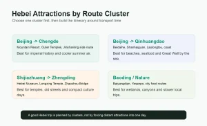 Infographic showing Hebei attractions grouped by Beijing to Chengde, Beijing to Qinhuangdao, Shijiazhuang to Zhengding, and Baoding nature routes