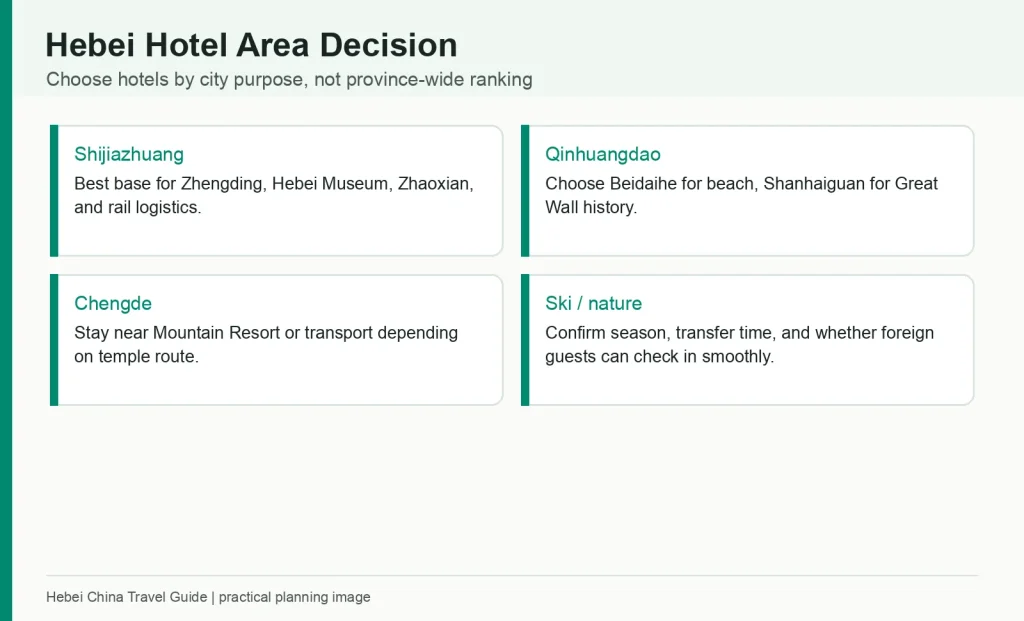 Infographic helping foreign visitors choose Hebei hotel areas by city purpose and route