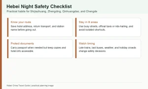 Infographic with practical night safety checks for Shijiazhuang and Hebei travelers