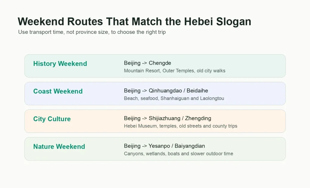 Infographic showing weekend route ideas from Beijing to Chengde, Qinhuangdao Beidaihe, Shijiazhuang Zhengding, Yesanpo and Baiyangdian