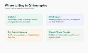 Infographic comparing where to stay in Qinhuangdao including Beidaihe, Shanhaiguan, city center and coastal resort areas