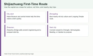 Infographic planning a first Shijiazhuang trip with Hebei Museum Zhengding Zhaoxian and onward routes