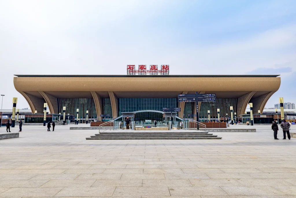 East square and exterior of Shijiazhuang Railway Station for travelers arriving from Beijing
