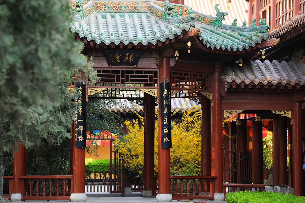 Bailin Temple courtyard and red temple buildings in Zhaoxian Hebei