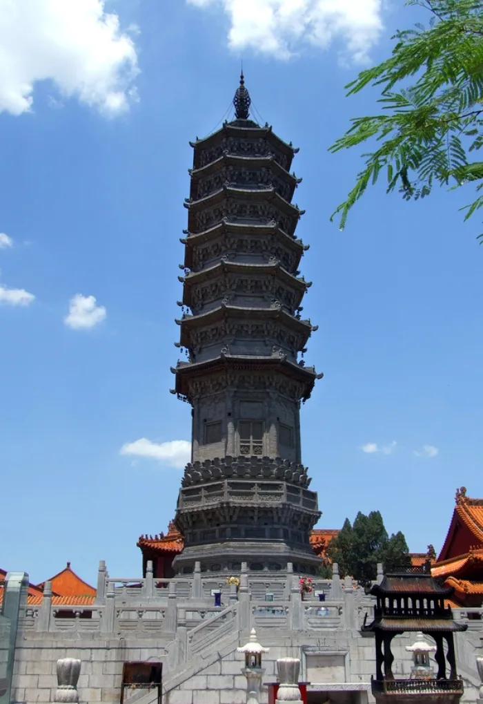 Zhaozhou Pagoda and stone base inside Bailin Temple in Zhaoxian Hebei