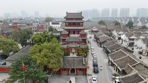 Aerial view of Daci Pavilion above the historic streets of Baoding