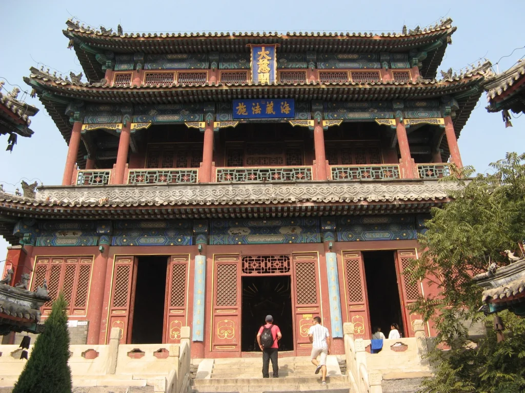 Traditional upper hall and painted eaves at Daci Pavilion in Baoding