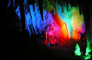 Color-lit karst cave hall inside Kongshan Baiyun Cave in Lincheng Xingtai