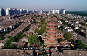 Aerial view of Luanzhou Ancient City with pagoda style tower and grey tiled roofs