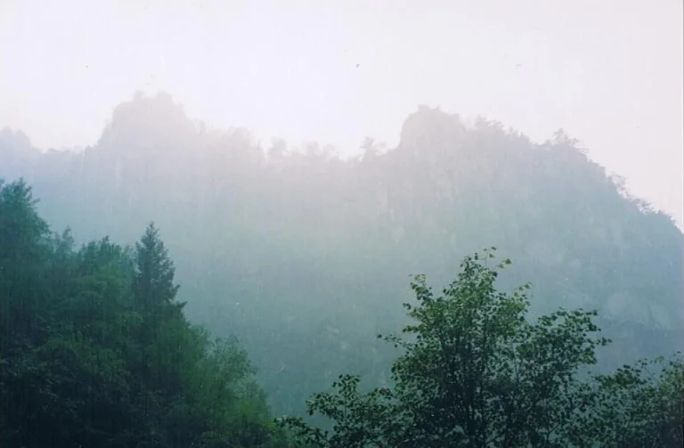 Misty forest ridge at Wulingshan National Nature Reserve in Xinglong