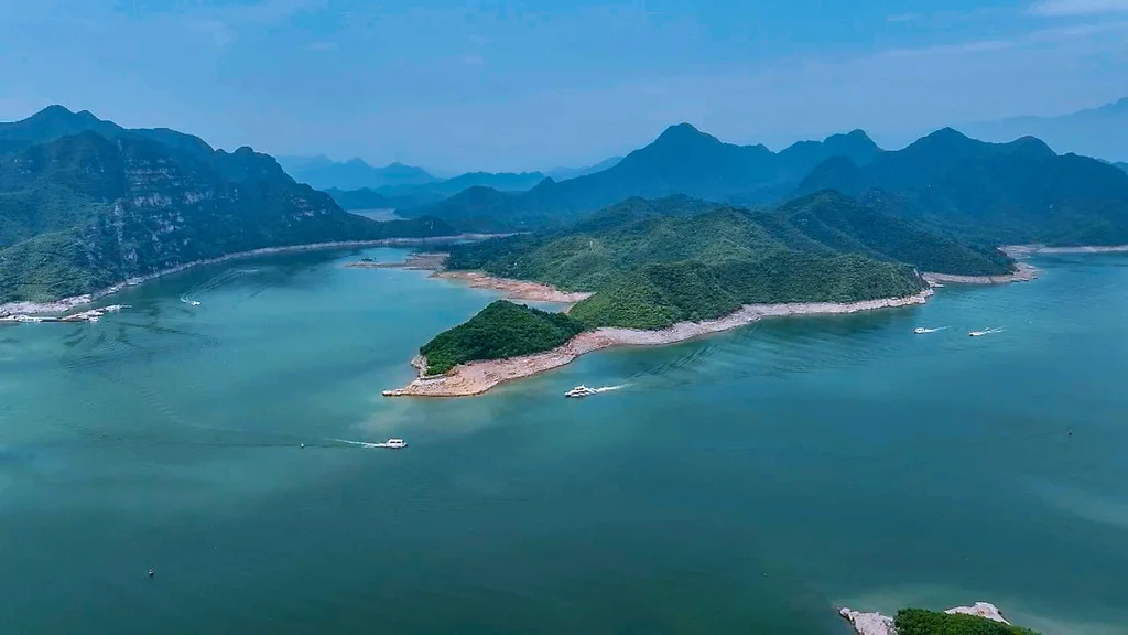 Mountain shoreline and bay at Yishui Lake in Yixian, Baoding