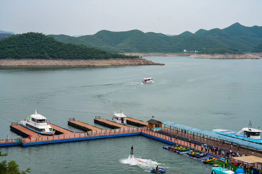 Passenger boats and pier at Yishui Lake in Yixian, Baoding