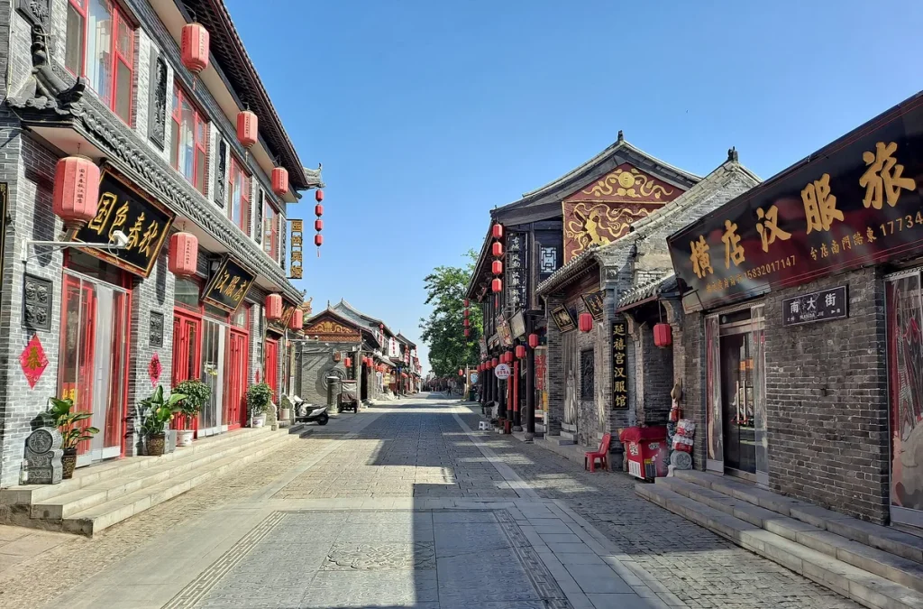 Real daytime view of a traditional street in Guangfu Ancient City in Yongnian, Handan