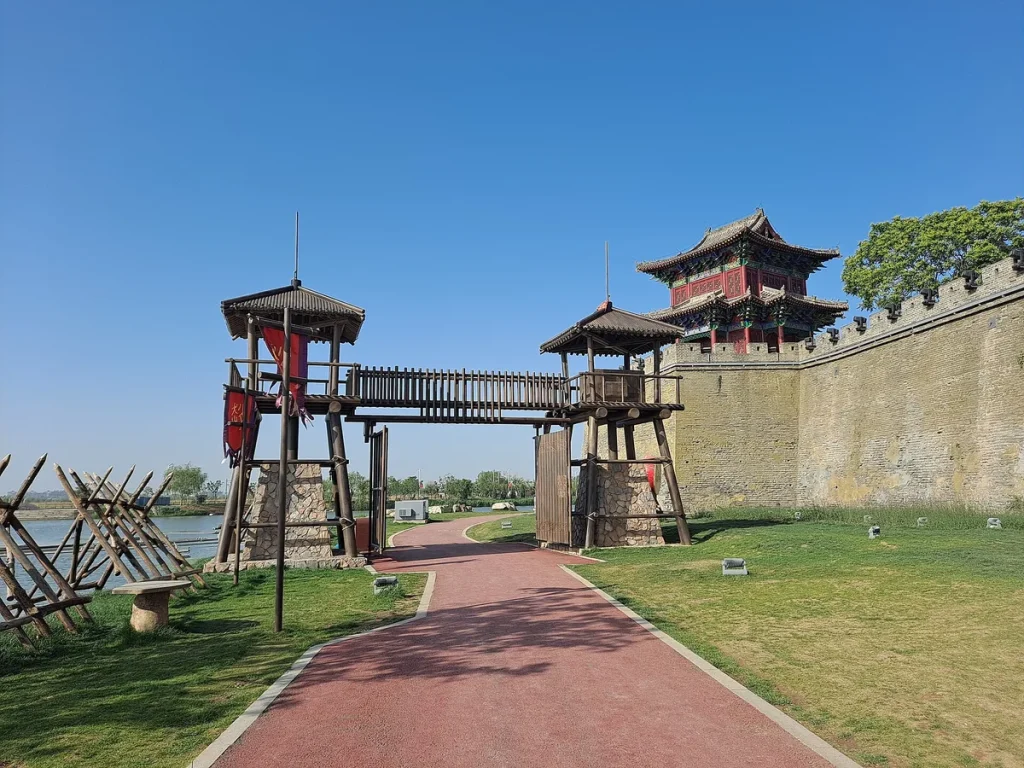 Real view of Guangfu Ancient City wall, watchtowers, and walkway in Yongnian, Handan