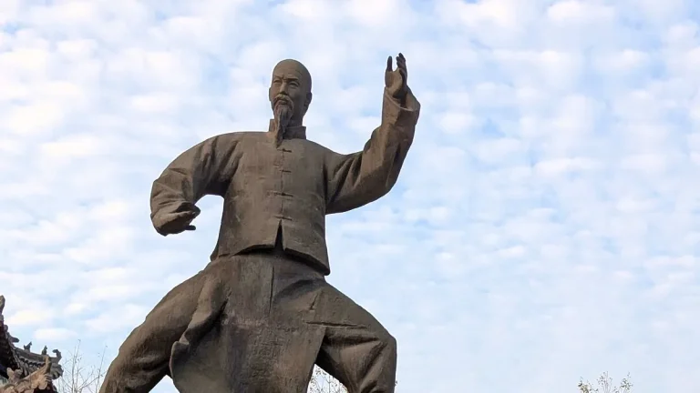 Real outdoor view of the Yang Luchan statue at Guangfu Ancient City in Yongnian, Handan