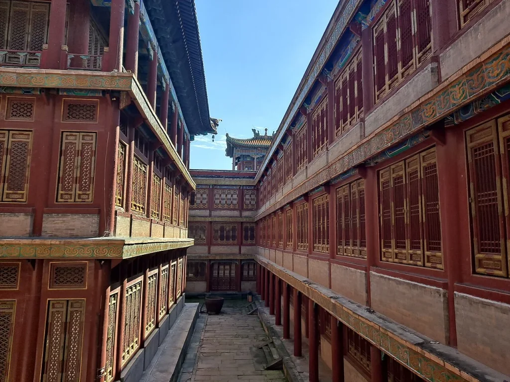 Real interior courtyard view of the Great Red Terrace at Xumi Fushou Temple in Chengde