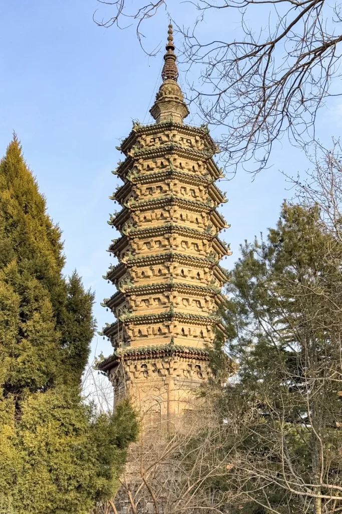 Real close view of the brick eaves and finial of Chengling Pagoda in Zhengding