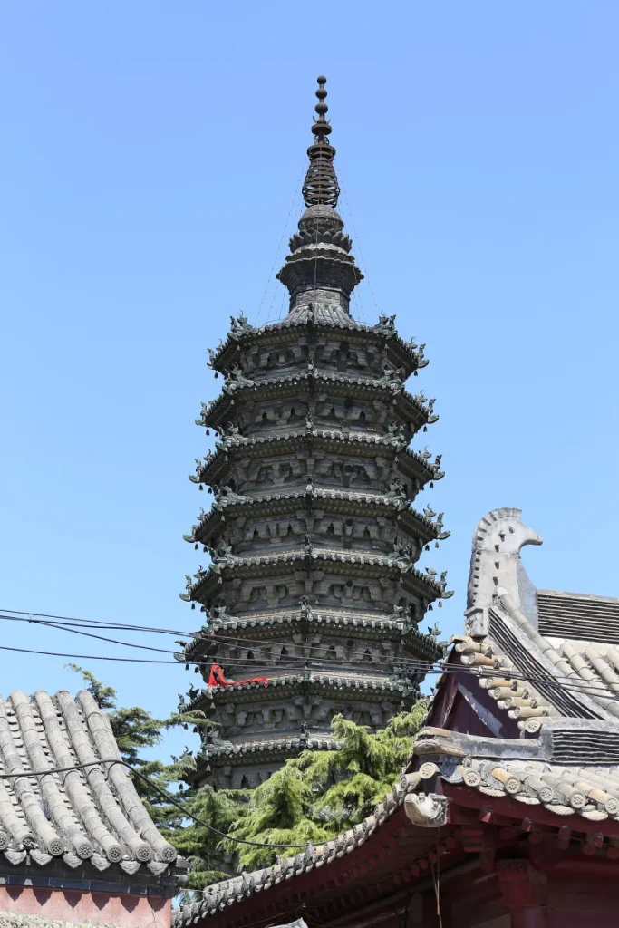 Real view of Chengling Pagoda rising above Linji Temple roofs in Zhengding