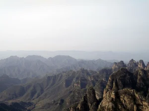 Layered rocky ridges and valleys at Langya Mountain in Yixian